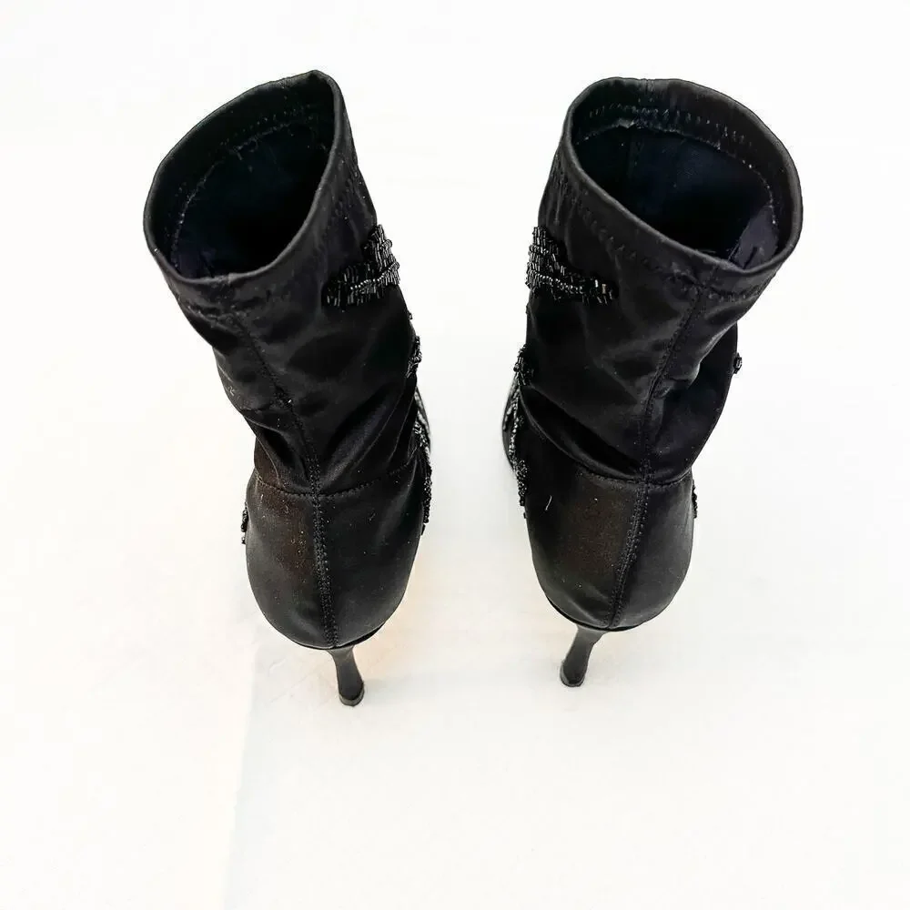 Zara Satin Embroidered Sequin Embellished Black Pointy Toe Booties Size 36